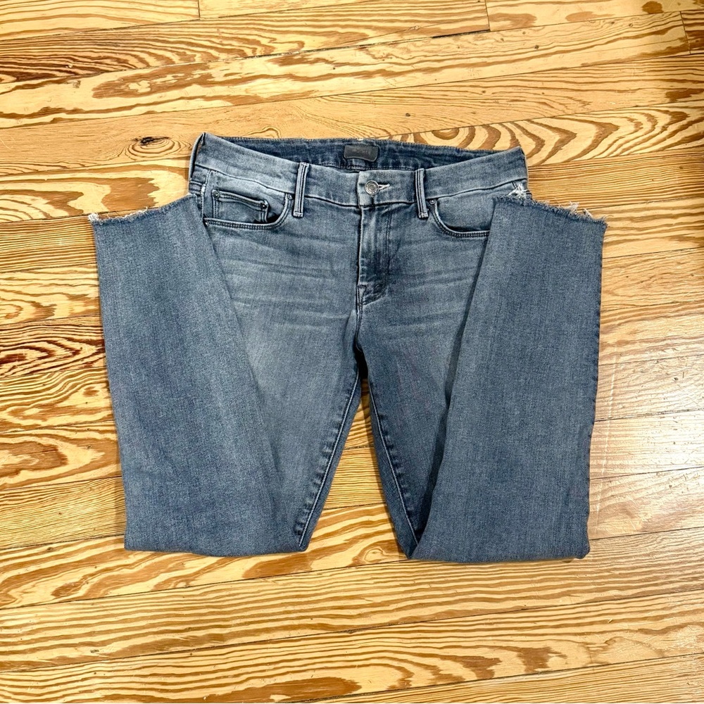 MOTHER Grayish Blue Women's Skinny Jeans, Cropped Frayed Hem - Picture 3 of 11